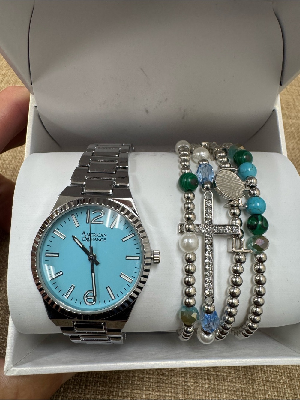 American Exchange Women’s Quartz Silver Tone Blue Dial Bracelet Box Set